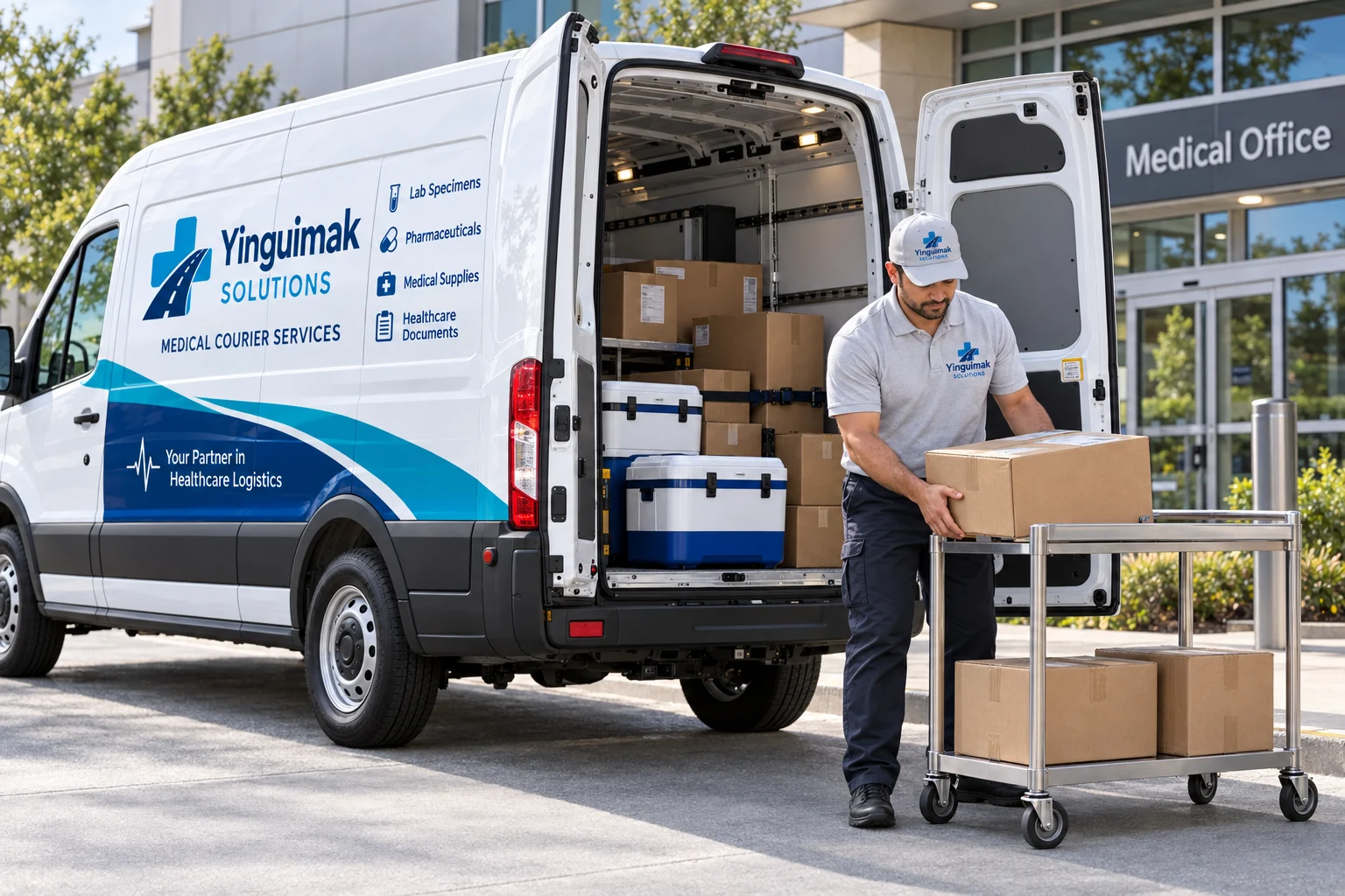Yinguimak Solutions courier moving boxes from the van onto a cart outside a medical office