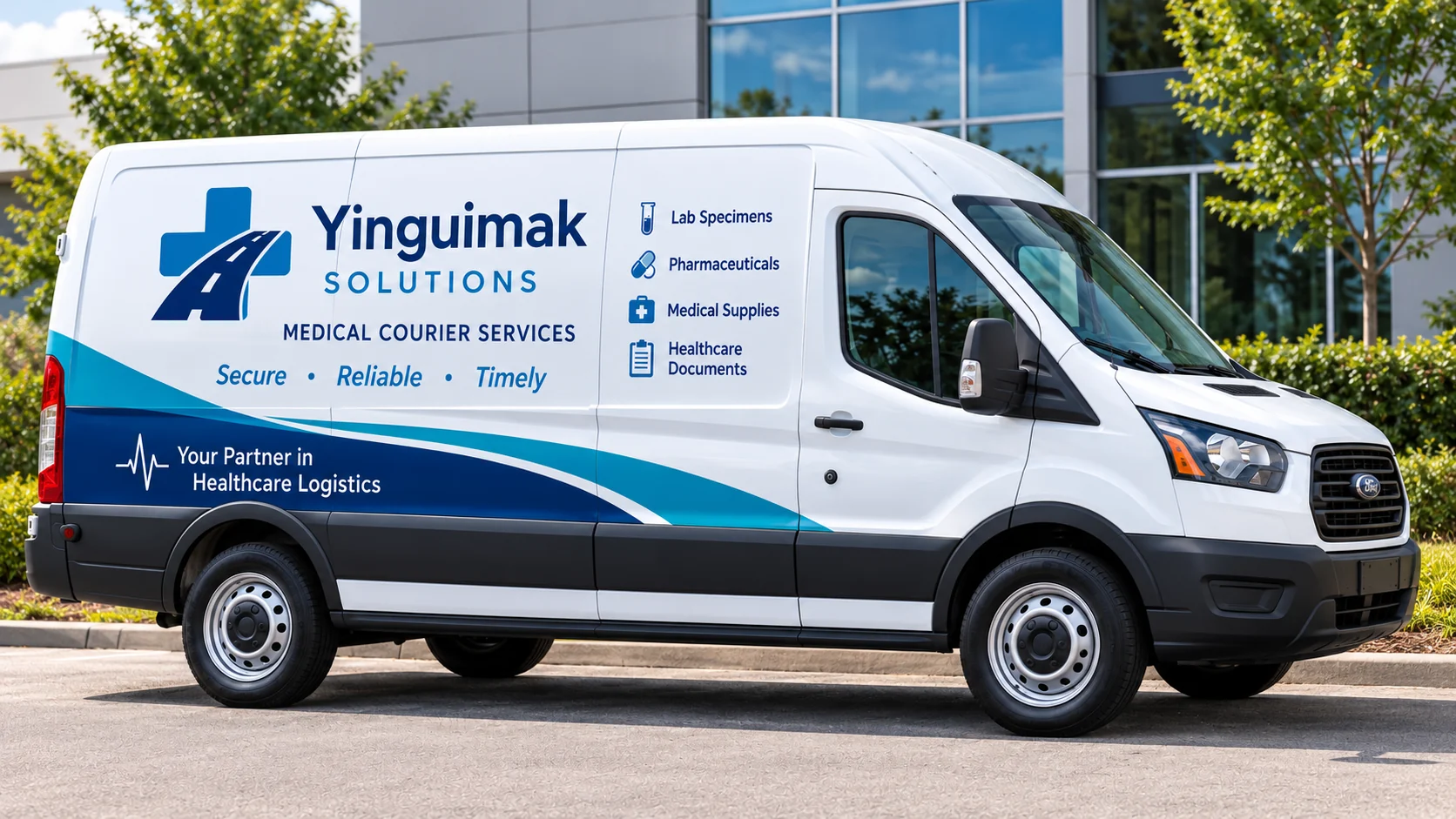 Yinguimak Solutions medical courier van parked outside an office building